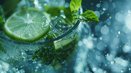 A cocktail with lime and mint or mojito soft drink closeup wide photo generated by ai