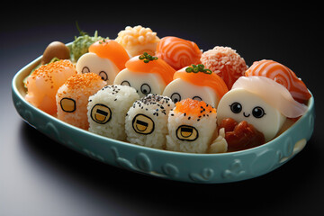 A cute and eye-catching disposable sushi plate with playful fish-shaped compartments - obrazy, fototapety, plakaty