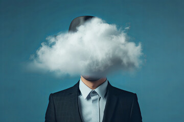 Businessman in a hat with a cloud instead of a head. The concept of creative ideas. Business