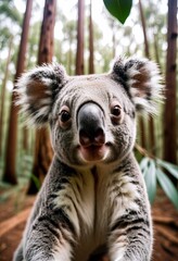 Animal make selfie in forest. Close-up Koala in forest take selfie. interaction between wildlife and modern photography trends