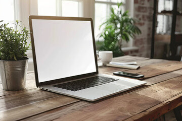 Fototapeta premium Modern work table with blank computer laptop and accessories in home office studio.Freelance designer or blogger concepts ideas