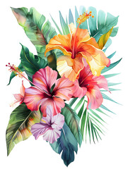 A watercolor illustration, illustrations exotic tropical flowers like orchids and hibiscus, transporting viewers to a lush and vibrant paradise. on Transparent background - 745534958