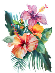 A watercolor illustration, illustrations exotic tropical flowers like orchids and hibiscus, transporting viewers to a lush and vibrant paradise. on Transparent background