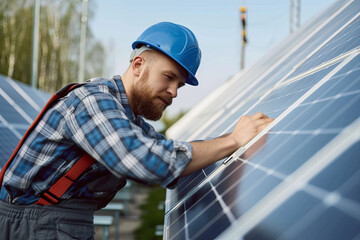 Bearded engineer touching solar panel - obrazy, fototapety, plakaty