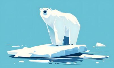 White polar bear stands on paws on ice floe. flat cartoon illustration, Generative AI