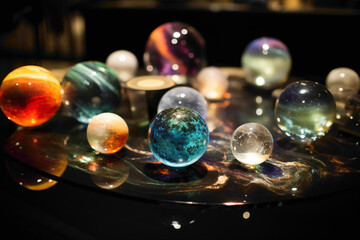 A tableau of delicate glass orbs containing miniature galaxies, nebulae, and planets, arranged on a table under soft, cosmic lighting.
