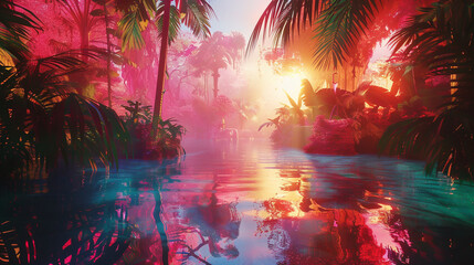 A surreal scene of a vibrant, pink-lit jungle with lush greenery and mirrored reflections on calm water at sunrise or sunset, Vibrant Jungle Reflections in Surreal Pink Light - obrazy, fototapety, plakaty