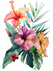 A watercolor illustration, illustrations exotic tropical flowers like orchids and hibiscus, transporting viewers to a lush and vibrant paradise. on Transparent background - 745535561