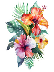 A watercolor illustration, illustrations exotic tropical flowers like orchids and hibiscus, transporting viewers to a lush and vibrant paradise. on Transparent background - 745535573