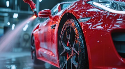 Automotive Detailer Washing Away Smart Soap and Foam with a Water High Pressure Washer. Red Performance Car Getting Care and Treatment at a Professional Vehicle Detailing Shop. - obrazy, fototapety, plakaty