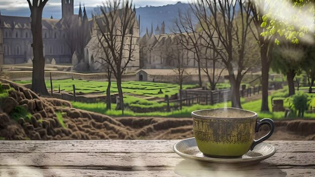 A warm cup of coffee in front of the house. Medieval. Seamless looping 4k timelapse virtual video animation background generated AI

