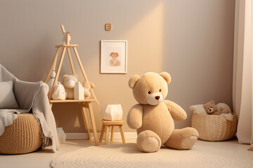 Cheerful 3D-rendered teddy bear toy in a cozy nursery, exuding warmth and comfort for young children