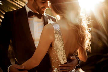 Elegant romantic couple dancing in sun rays. She is wearing glittery luxurious dress, he is in a tuxedo. Luxurious lifestyle.