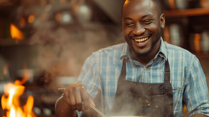 Smiling chef stirring pot with fire in background. - obrazy, fototapety, plakaty