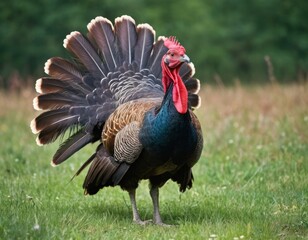 A turkey in meadow showing plumage - obrazy, fototapety, plakaty