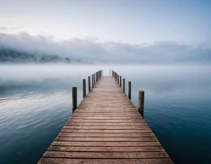 Foto auf Leinwand Wooden pier by lake at calm foggy morning. © orelphoto