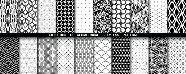 Geometric set of seamless black and white patterns. Simple vector graphics