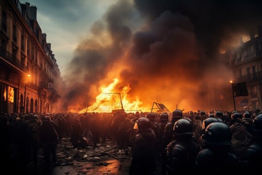 Bewildering Paris demonstration chaos. Street crowd. Generate Ai