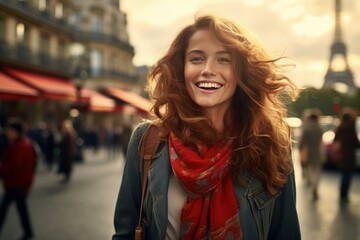 Paris smiling woman. Elegant model. Generate AI
