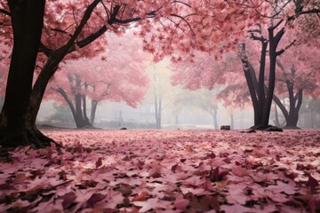 Park pink trees leaves. Tunnel beautiful. Generate Ai