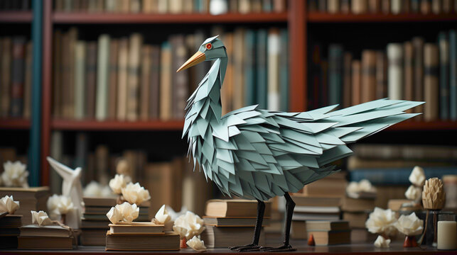 Delightful single origami crane perched on a bookshelf, symbolizing elegance and creativity in a simple form