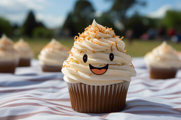 A charming miniature disposable cupcake with a smiling face design on a picnic blanket - obrazy, fototapety, plakaty