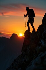 Silhouette of mountaineer on top of a mountain at sunset