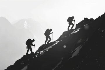 Silhouette of a group of mountaineers in the mountains