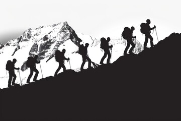 Hiking in Himalayas. Silhouette of a group of tourists
