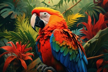Parrot macaw tropical island closeup head. Zoo red wing pet portrait. Generate Ai