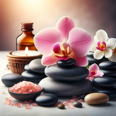spa stones and orchid. stone, flower, zen, beauty, orchid, stones, massage, wellness, balance, pebble, relaxation, rock, treatment, aromatherapy, therapy, pink, relax, health, Ai generated 
