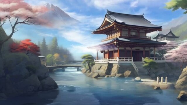 chinese temple in the morning, seamless looping 4k animation video background 