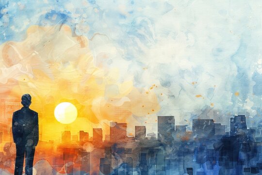 watercolor of business man looking at the sun on city in the sky immersive environments light blue blurred