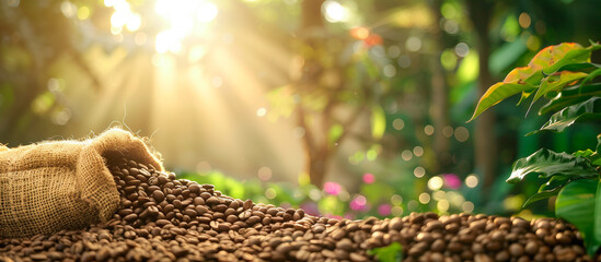 harvest coffee beans in burlap sack at coffee garden concept background - obrazy, fototapety, plakaty