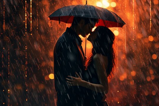 Romantic Couple kiss rain street. Love woman. Generate Ai