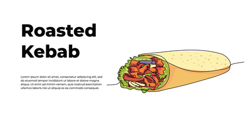 Kebab one continuous line design. Restaurant food menu design concept. Decorative elements drawn on a white background.