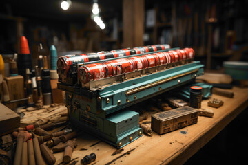 A practical pack of disposable batteries on a workshop bench - obrazy, fototapety, plakaty
