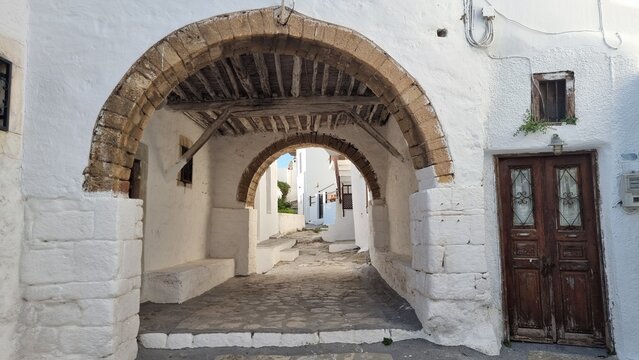 greece skiros or skyros island center chora city pavements arcs central square in summer