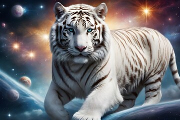 Majestic white tiger against a cosmic starry background, displaying beauty and wilderness. Digital art illustration. Generative ai