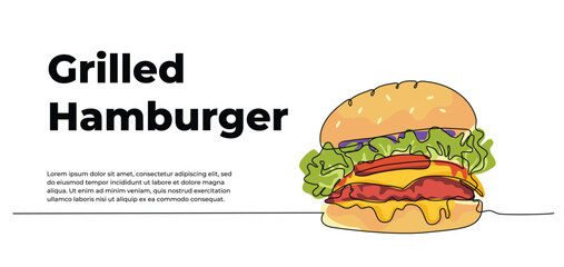 Burger one continuous line design. Decorative elements drawn on a white background.