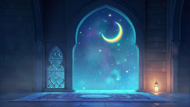 ramadan eid mubarak with paper mosque window with stars and islamic lantern with glitter