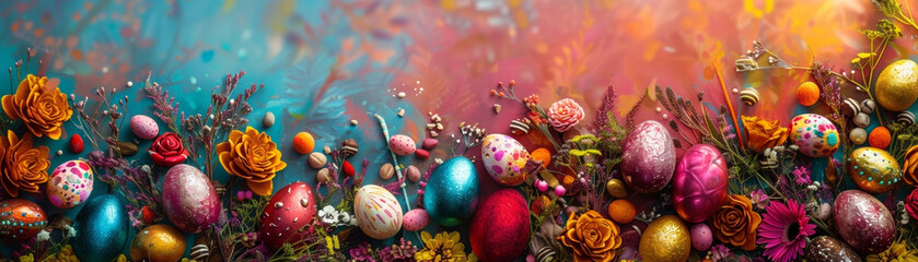 Obraz na płótnie Canvas Easter Celebration with Colorful Eggs and Vivid Flowers