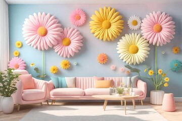 modern living room with flowers wall decor