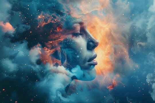 Abstract digital portrait of a woman Merging with a cosmic nebula Symbolizing the fusion of beauty and the universe