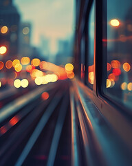view from train window in motion blur with bokeh background. vintage filtered.