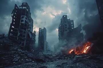 Apocalyptic cityscape with ruins and fire Dramatic and dystopian concept - obrazy, fototapety, plakaty