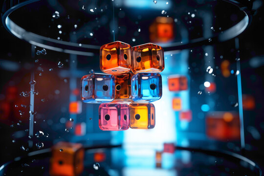 A dynamic image of a 3D ludo cube mid-roll, frozen in action, with the dice suspended in the air.