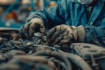 Auto mechanic at work Demonstrating skill and precision in diagnosing and repairing engine issues Highlighting the expertise in automotive maintenance