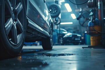 Automotive repair shop scene with a car being serviced Highlighting the expertise and reliability of vehicle maintenance - obrazy, fototapety, plakaty