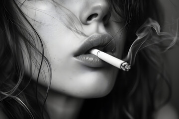 煙草を吸う女性の口元のクローズアップ。煙者の女性
